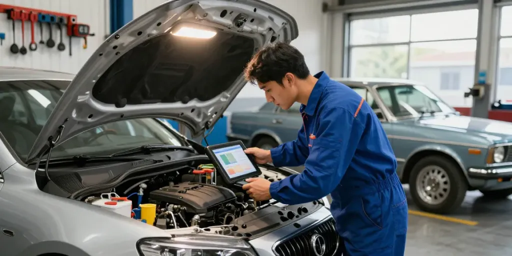 Car United workshop scene with a mechanic diagnosing a modern sedan engine.