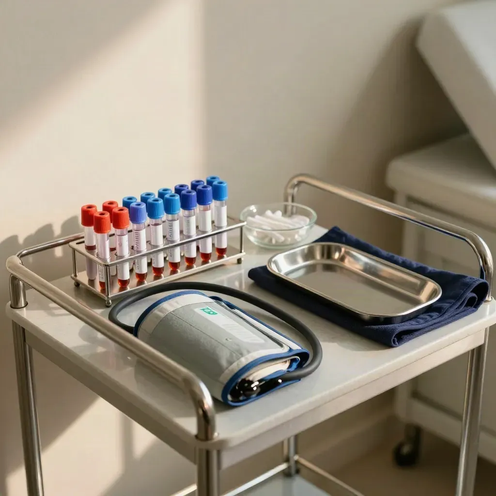 Health screening trolley with cuff, sample tubes, swabs and tray in a quiet clinic.