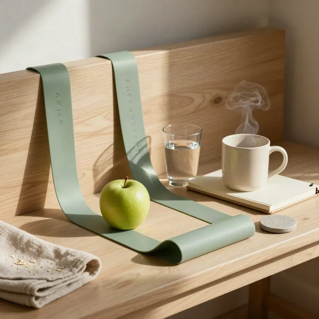 Wellness bundle with band, apple, water and mug on a pale wood bench.