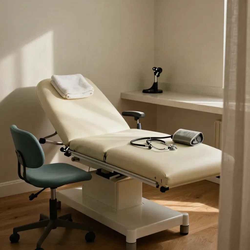 Quiet GP consult room with exam couch, stethoscope and otoscope in warm window light.