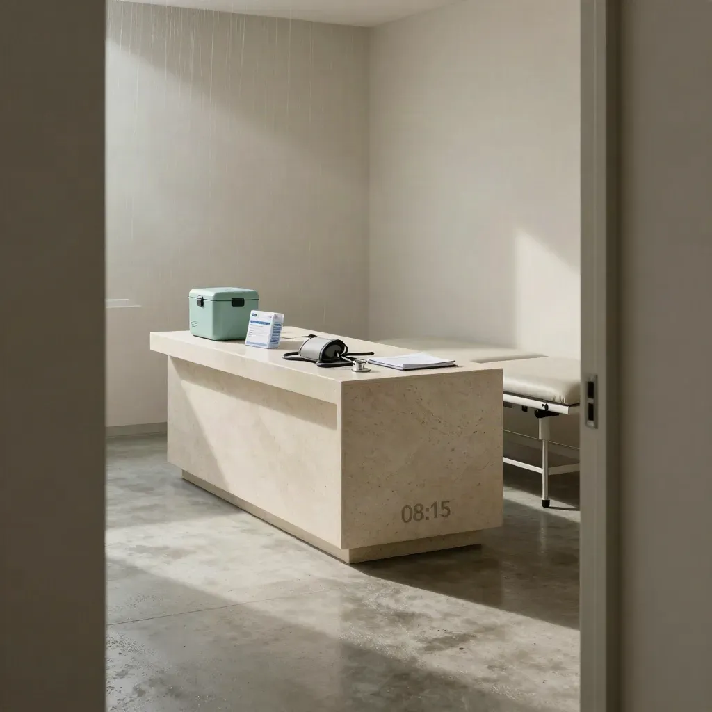 Empty Arise Health consultation room with medical tools on a stone counter and morning light.