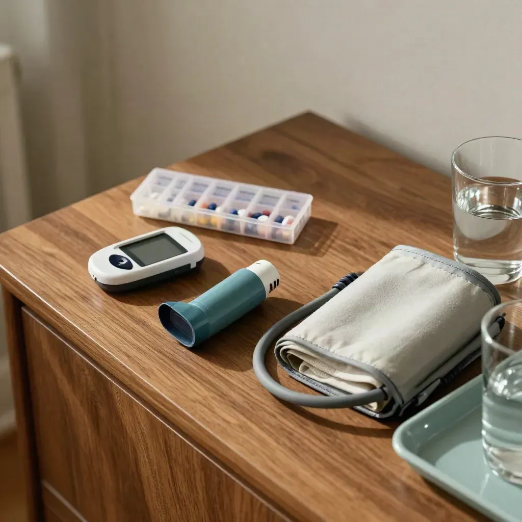 Inhaler spacer, glucose meter, pill organiser and blood pressure cuff on a morning sideboard.