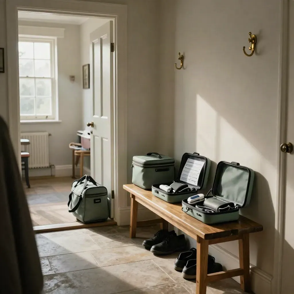 Quiet family hallway with screening kits, school shoes, and a sage cooler bag in cool morning light.
