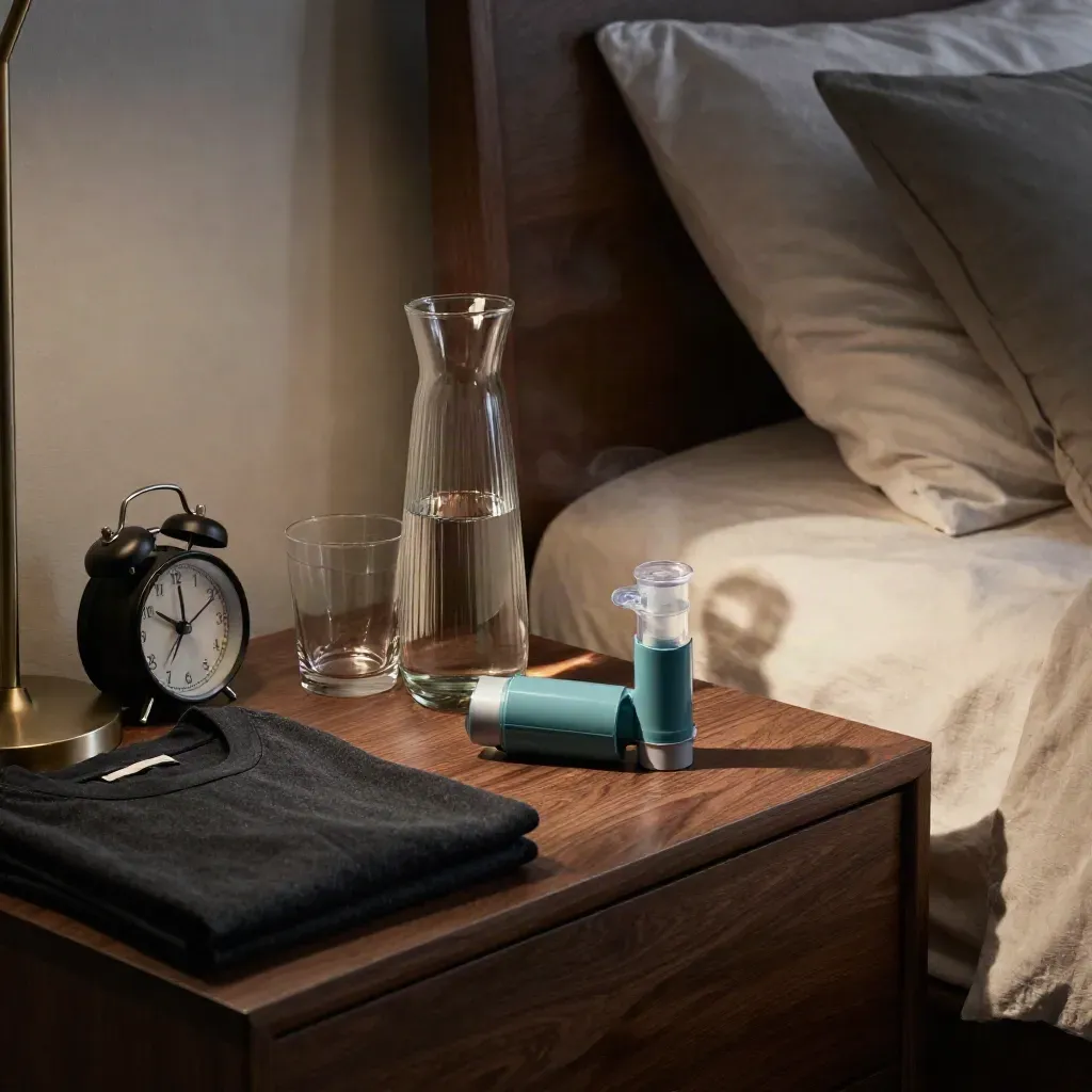 Bedside asthma supplies on a dark wood table beside an alarm clock and folded work shirt.