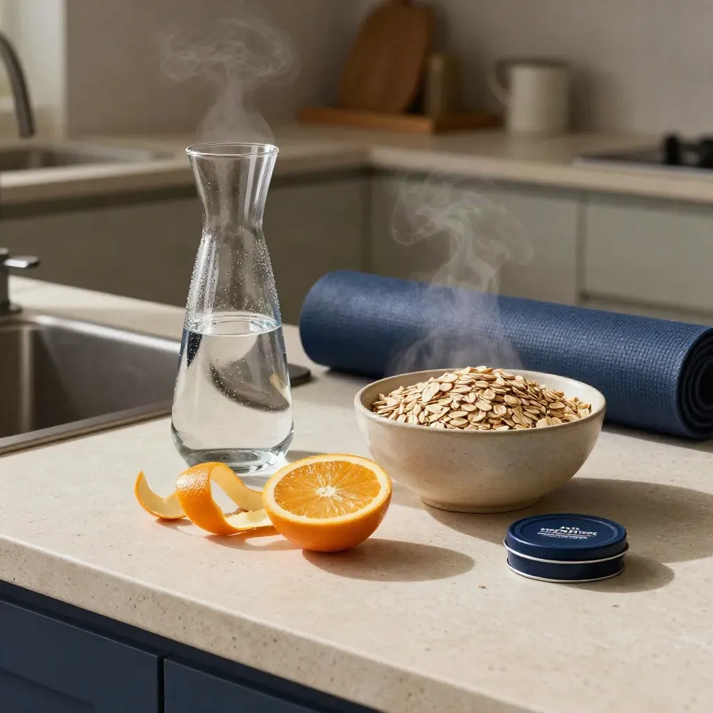 Kitchen wellbeing still life with citrus, water carafe, oats, exercise mat and quit-smoking tin.