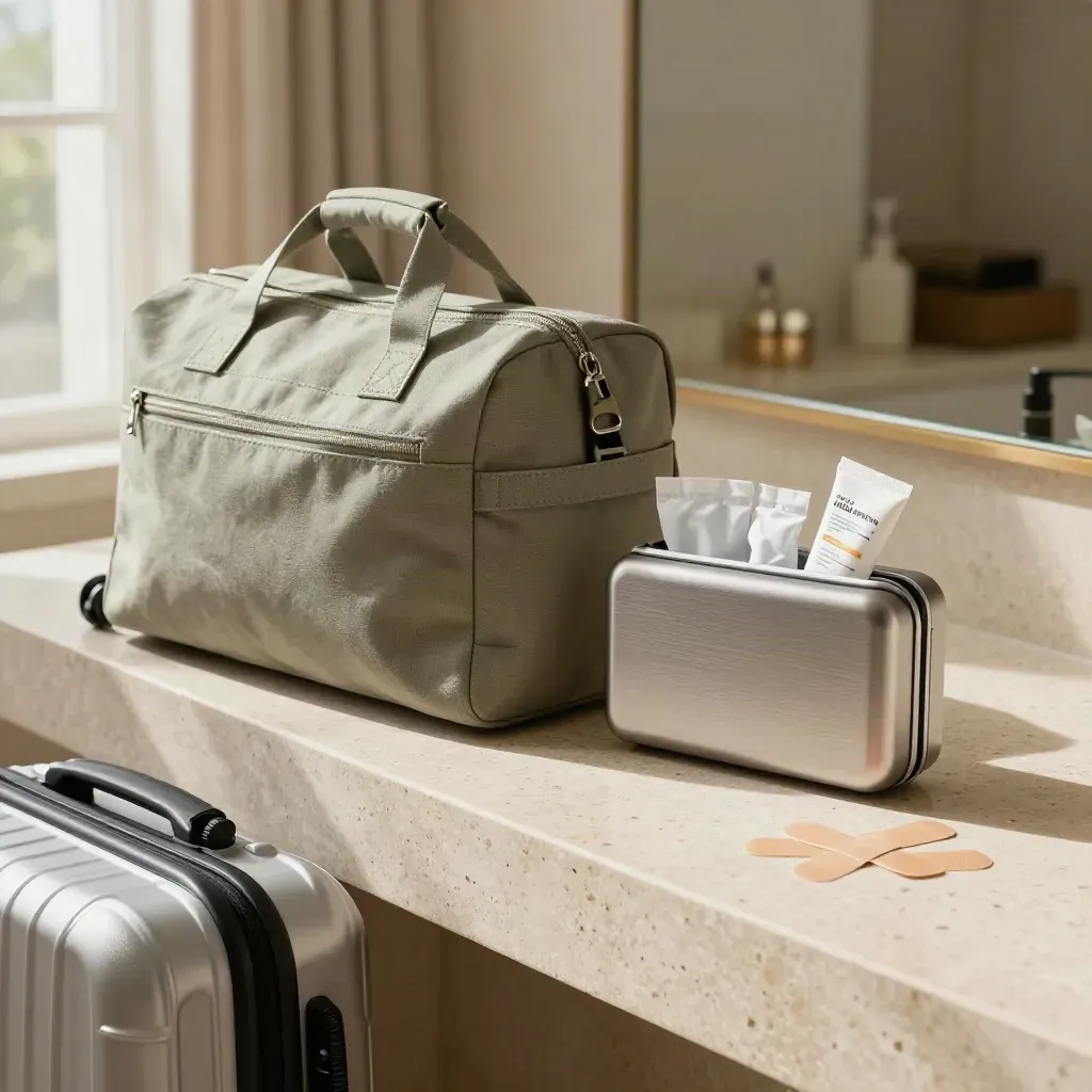 Travel vaccine kit packed on a hotel counter beside an open suitcase in warm summer light.
