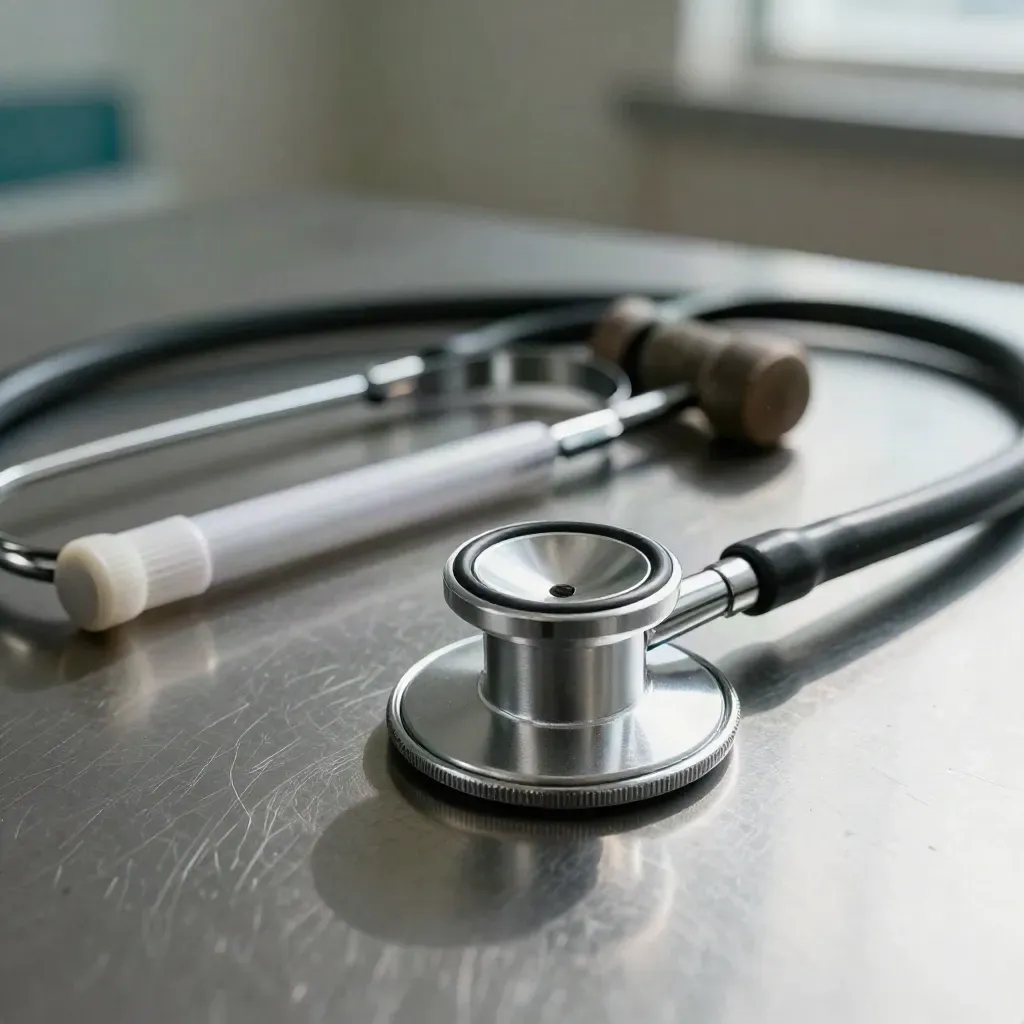 Macro close-up of stethoscope, penlight and reflex hammer on brushed steel under raking light.