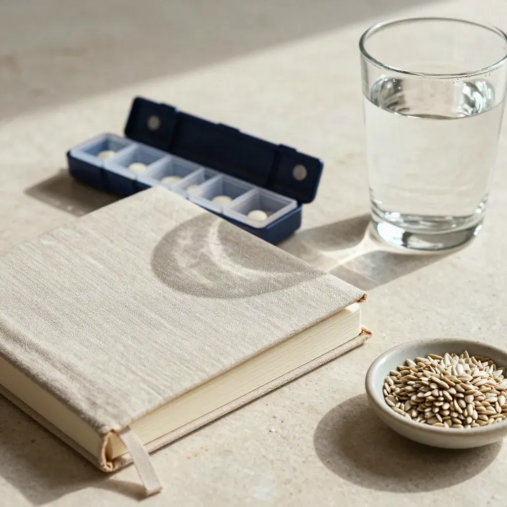 Linen planner, pill organizer, water glass and seed dish on stone in soft morning light.