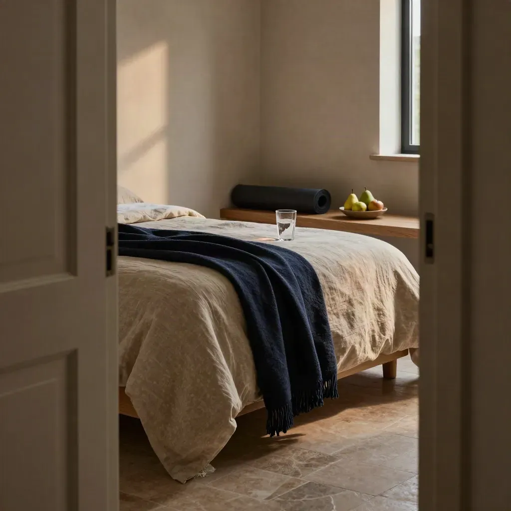Calm bedroom corner with bed, water glasses, yoga mat and fruit bowl in soft evening light