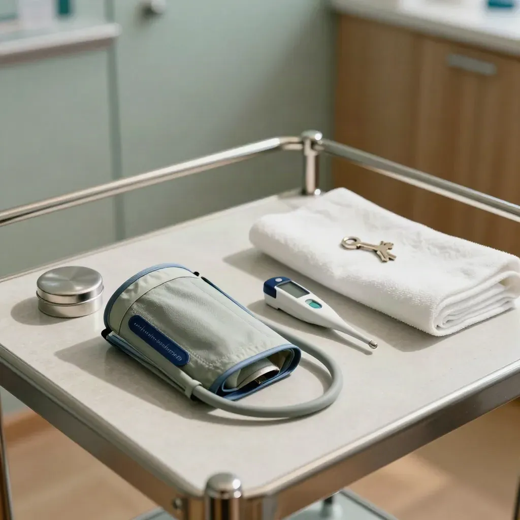 Clinic screening kit on a trolley: cuff, oximeter, thermometer and swab tin in cool sage light.