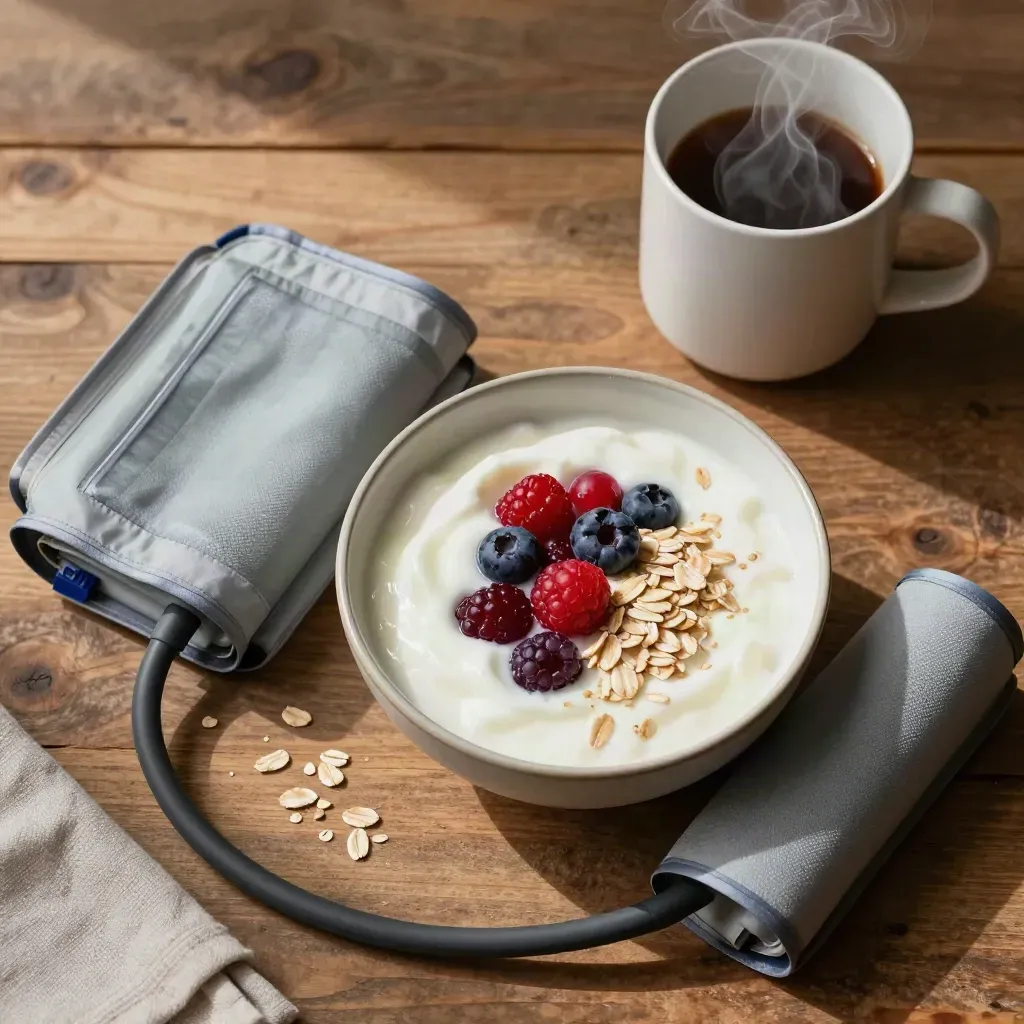 Overhead still life of yogurt, berries, oats, a blood pressure cuff and steaming mug on rustic wood.