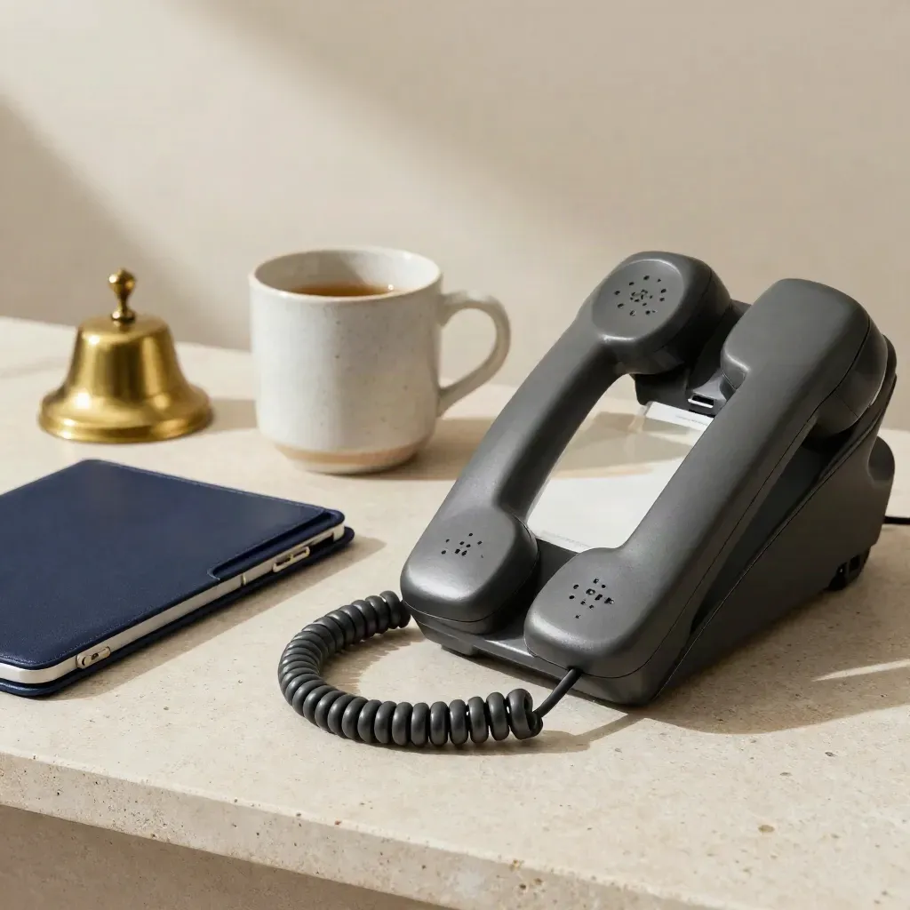 Phone handset, tablet, mug and brass bell on pale stone, calm booking scene with soft side light.