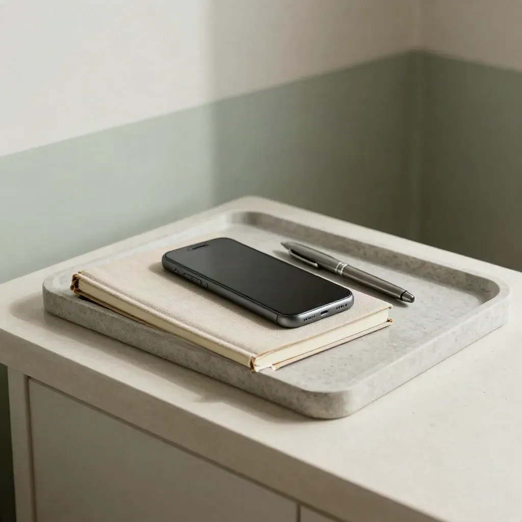 Closed notebook, face-down phone, pen and card tray on a plaster console in soft side light