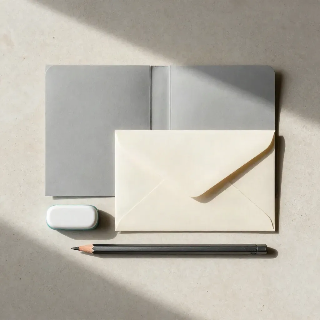 Overhead care-plan flatlay with folder, envelope, pillbox and pencil on pale stone.