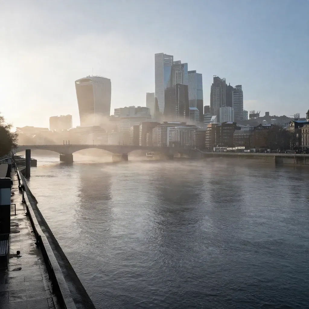 Hazy dawn over the Thames with the City skyline and calm river reflections