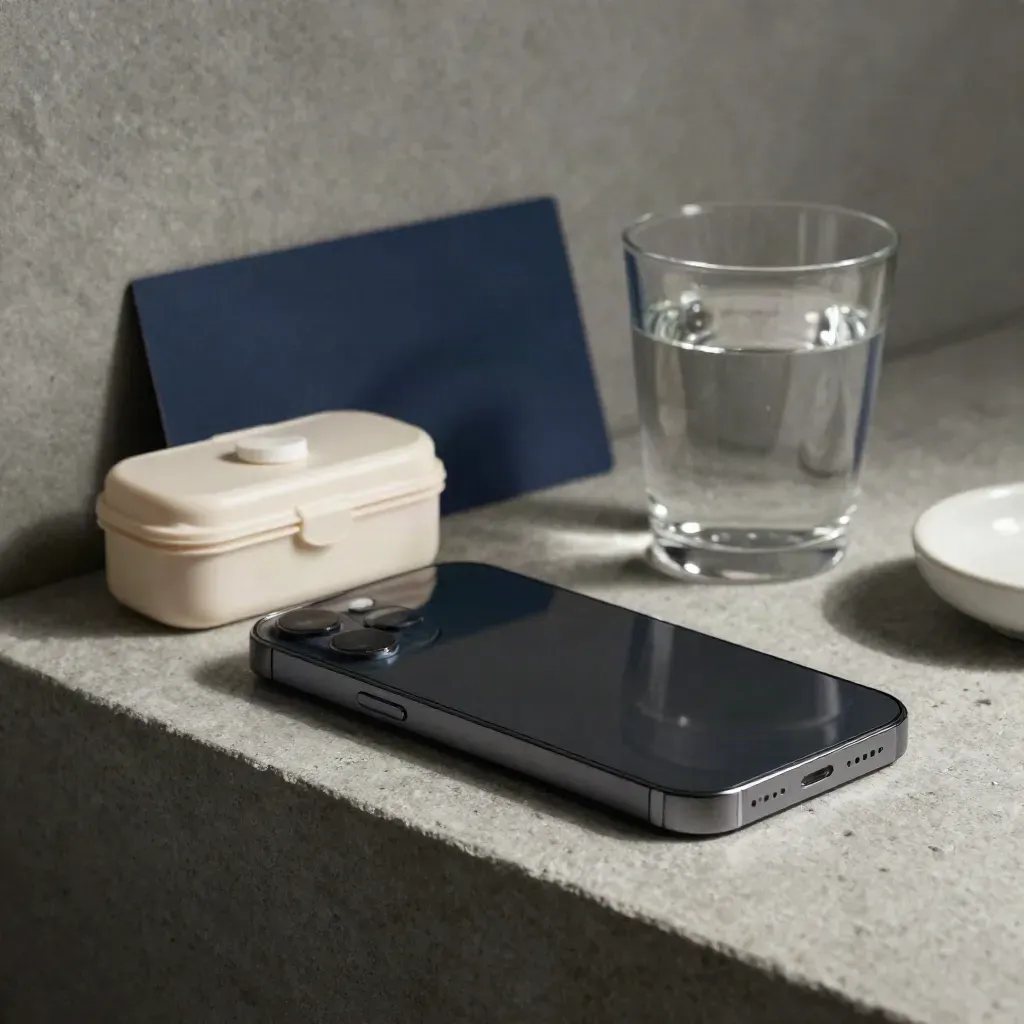 Charging phone, pill box, water glass and dish on a stone shelf with a navy card