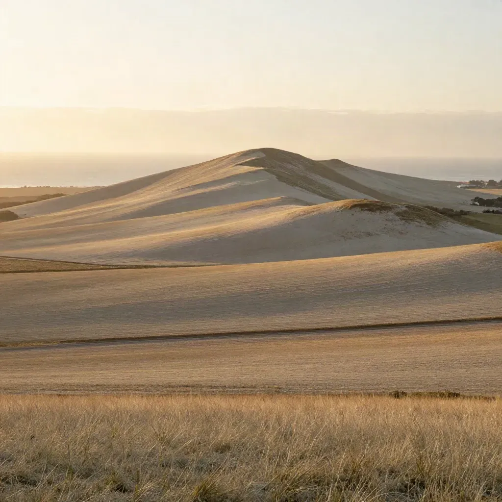 Golden South Downs ridge above Brighton in hazy sunset light, calm fields below
