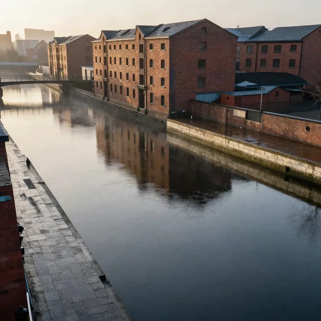 Rain-darkened Manchester brickwork, canal edge and hazy skyline at dusk.
