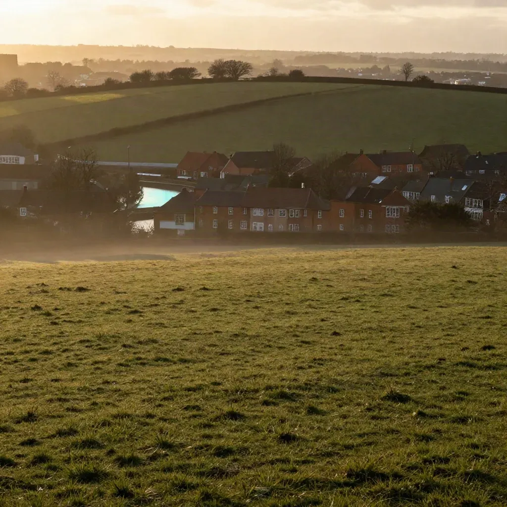Evening West Midlands skyline from a green hill with canals and red-brick rooftops in haze